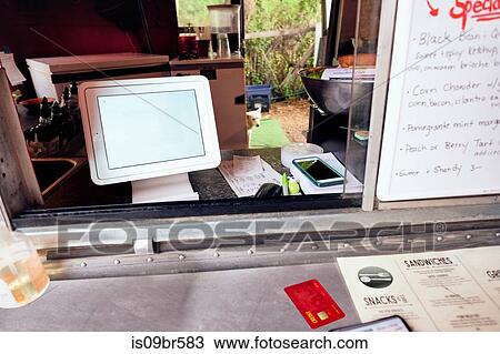 Digital screen for food orders and payment at eatery View Large Photo Image Stock Image - Digital screen for food orders and payment at eatery. Fotosearch