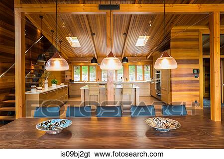 Dining table inside luxurious cedar wood home View Large Photo Image Stock Photograph - Dining table inside luxurious cedar wood home. Fotosearch