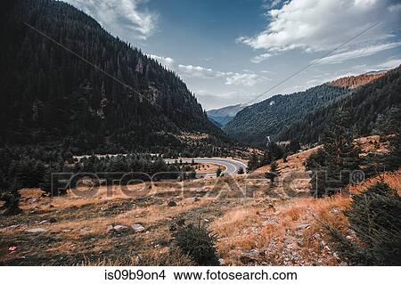 Picture - Distant highway with hairpin bend in mountain landscape, Draja, Vaslui, Romania. Fotosearch
