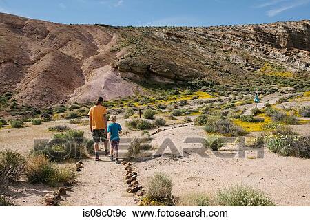Stock Image - Father and children exploring nature reserve, Red Rock Canyon, Cantil, California, United States. Fotosearch