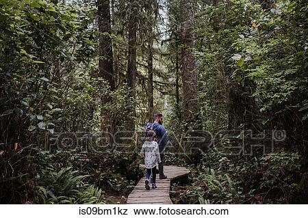 Stock Photo - Father and daughter hiking in forest, Tofino, Canada. Fotosearch