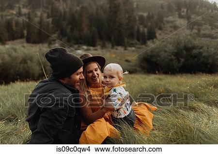 Picture - Female toddler with mid adult parents in rural valley, portrait, Mineral King, California, USA. Fotosearch