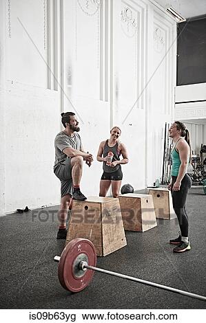 Friends chatting in cross training gym View Large Photo Image Stock Image - Friends chatting in cross training gym. Fotosearch