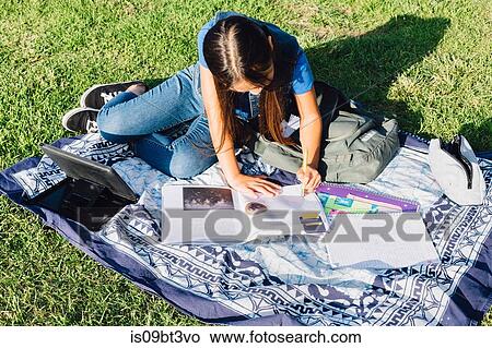 Girl doing homework on grass View Large Photo Image Picture - Girl doing homework on grass. Fotosearch