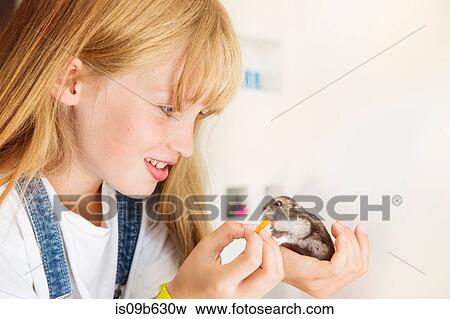 Girl feeding hamster View Large Photo Image Stock Photo - Girl feeding hamster. Fotosearch