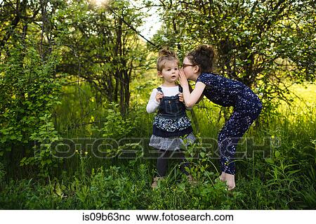 Stock Image - Girl whispering to little sister in field with trees. Fotosearch