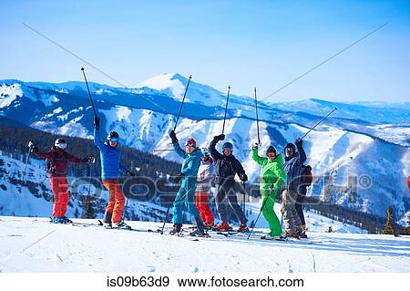 Group portrait of male and female skiers on ski slope, Aspen, Colorado, USA View Large Photo Image Stock Photo - Group portrait of male and female skiers on ski slope, Aspen, Colorado, USA. Fotosearch