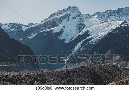 Stock Image - Hiker exploring wilderness, Wanaka, Taranaki, New Zealand. Fotosearch