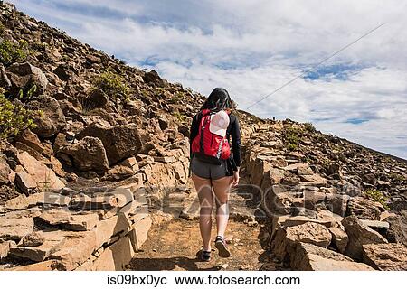Stock Image - Hiker on hiking trail, Haleakala National Park, Maui, Hawaii. Fotosearch