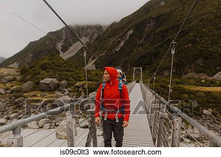 Hiker with baby crossing suspension bridge, Wanaka, Taranaki, New Zealand View Large Photo Image Stock Image - Hiker with baby crossing suspension bridge, Wanaka, Taranaki, New Zealand. Fotosearch