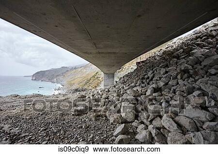 Landscape with concrete highway 1 flyover along coast, viewed below, Big Sur, California, USA View Large Photo Image Stock Photo - Landscape with concrete highway 1 flyover along coast, viewed below, Big Sur, California, USA. Fotosearch