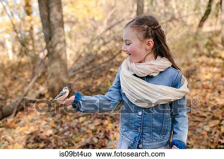 Little girl holding bird on palm in forest View Large Photo Image Picture - Little girl holding bird on palm in forest. Fotosearch