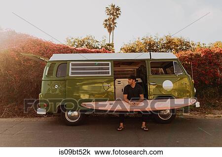 Man on van road trip with his surfboard, Ventura, California, US View Large Photo Image Stock Image - Man on van road trip with his surfboard, Ventura, California, US. Fotosearch