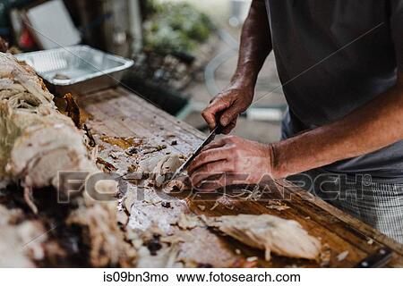 Man slicing hog roast on table, cropped View Large Photo Image Picture - Man slicing hog roast on table, cropped. Fotosearch