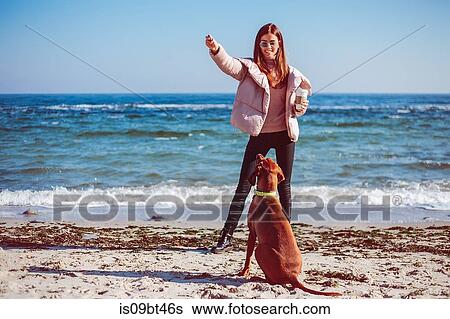 Mid adult woman on beach training her dog, Odessa, Odeska Oblast, Ukraine View Large Photo Image Stock Photograph - Mid adult woman on beach training her dog, Odessa, Odeska Oblast, Ukraine. Fotosearch
