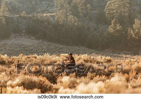 Motorbiker riding through field, Kennedy Meadows, California, US View Large Photo Image Stock Image - Motorbiker riding through field, Kennedy Meadows, California, US. Fotosearch
