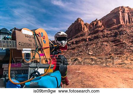 Motorcycle on trad climbing route, Indian Creek, Moab, Utah, USA View Large Photo Image Stock Photo - Motorcycle on trad climbing route, Indian Creek, Moab, Utah, USA. Fotosearch