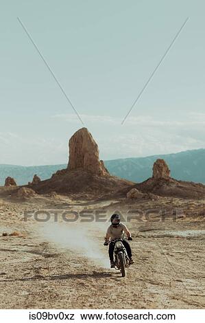 Motorcyclist riding in desert, Trona Pinnacles, California, US View Large Photo Image Stock Photo - Motorcyclist riding in desert, Trona Pinnacles, California, US. Fotosearch