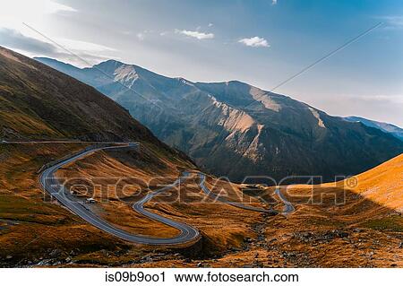 Stock Image - Mountain valley highway with hairpin bends, Draja, Vaslui, Romania. Fotosearch