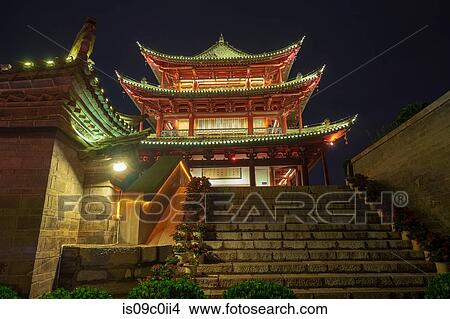 Old city gate, stairway and temple at night, Jianshu County, Hunan Province, China View Large Photo Image Picture - Old city gate, stairway and temple at night, Jianshu County, Hunan Province, China. Fotosearch