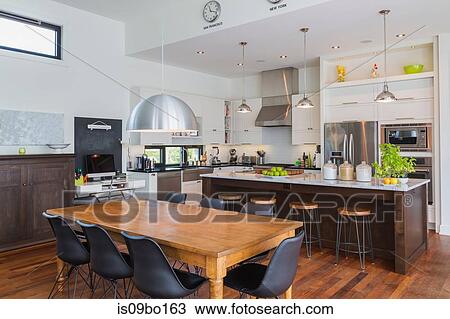 Open Plan Kitchen Dining Area With Antique Table Marble Top