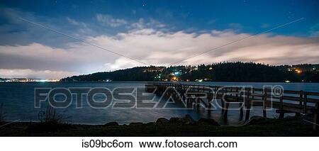 Panoramic image of lights on shoreline across water and pier, Bainbridge, Washington, United States View Large Photo Image Picture - Panoramic image of lights on shoreline across water and pier, Bainbridge, Washington, United States. Fotosearch