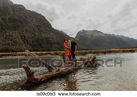 Stock Image - Parents and baby on fallen tree in lake, Queenstown, Canterbury, New Zealand. Fotosearch