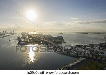 Port of Miami at sunset, aerial view, Miami, Florida, United States View Large Photo Image Stock Photograph - Port of Miami at sunset, aerial view, Miami, Florida, United States. Fotosearch