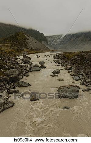 Picture - Scenic view of stream and mountains, Wanaka, Taranaki, New Zealand. Fotosearch