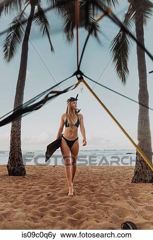 Stock Photo - Scuba diver on sandy beach, Princeville, Hawaii, US. Fotosearch