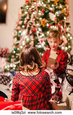 Siblings opening Christmas gifts by Christmas tree View Large Photo Image Stock Image - Siblings opening Christmas gifts by Christmas tree. Fotosearch