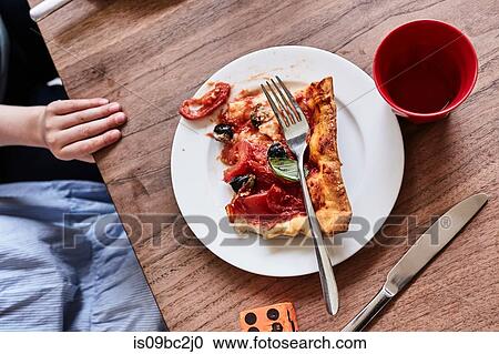Stock Image - Slice of pizza on white plate, child's hand on table, mid section, elevated view. Fotosearch