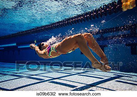 Stock Image - Swimmer underwater in pool. Fotosearch