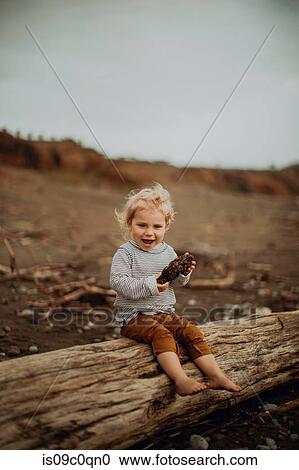 Toddler resting on fallen tree trunk on beach View Large Photo Image Stock Image - Toddler resting on fallen tree trunk on beach. Fotosearch
