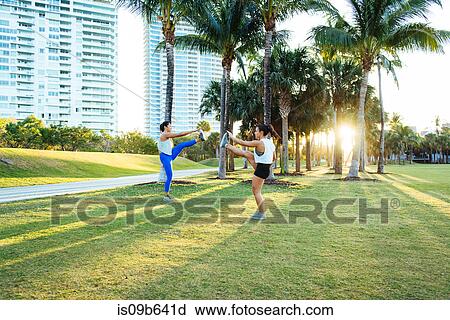 Stock Image - Two young women exercising outdoors, stretching, South Point Park, Miami Beach, Florida, USA. Fotosearch