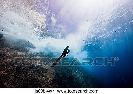 Underwater view of female diver exploring roca partida pinnacle, Socorro, Baja California, Mexico View Large Photo Image Stock Photo - Underwater view of female diver exploring roca partida pinnacle, Socorro, Baja California, Mexico. Fotosearch