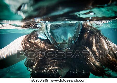 Underwater view of mature woman snorkelling below sea surface, close up, Limnos, Khios, Greece View Large Photo Image Stock Photo - Underwater view of mature woman snorkelling below sea surface, close up, Limnos, Khios, Greece. Fotosearch