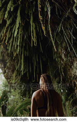 Stock Image - Woman admiring rainforest, Princeville, Hawaii, US. Fotosearch