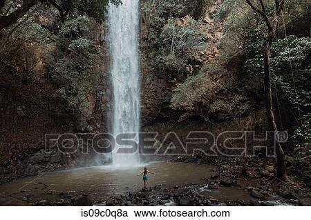 Woman enjoying waterfall, Princeville, Hawaii, US View Large Photo Image Stock Image - Woman enjoying waterfall, Princeville, Hawaii, US. Fotosearch