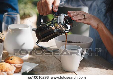 Stock Photograph - Woman pouring coffee into mug at teatime. Fotosearch