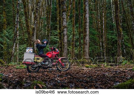 Stock Photograph - Woman riding motorcycle in forest, Squamish, Canada. Fotosearch
