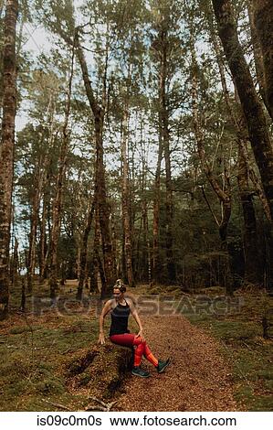 Stock Photograph - Woman stretching in forest, Queenstown, Canterbury, New Zealand. Fotosearch