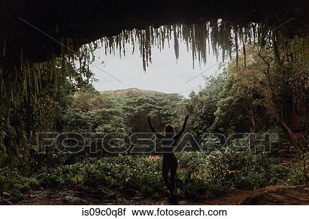 Woman under mouth of cave in rainforest, Princeville, Hawaii, US View Large Photo Image Stock Image - Woman under mouth of cave in rainforest, Princeville, Hawaii, US. Fotosearch