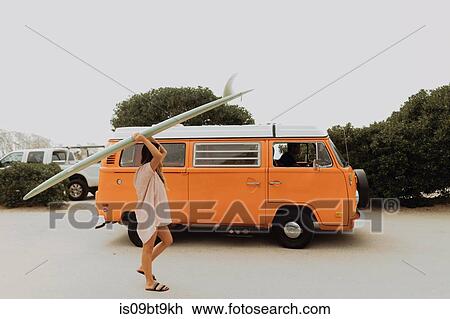 Young female surfer carrying surfboard in beach carpark, Jalama, Ventura, California, USA View Large Photo Image Stock Image - Young female surfer carrying surfboard in beach carpark, Jalama, Ventura, California, USA. Fotosearch