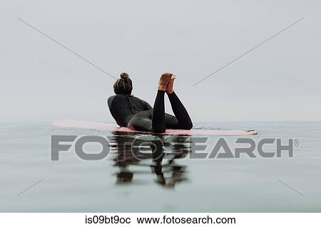 Young female surfer lying on surfboard in calm misty sea, rear view, Ventura, California, USA View Large Photo Image Stock Image - Young female surfer lying on surfboard in calm misty sea, rear view, Ventura, California, USA. Fotosearch