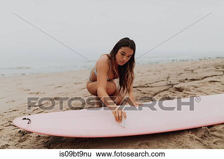 Young female surfer waxing surfboard at beach, Ventura, California, USA View Large Photo Image Stock Photograph - Young female surfer waxing surfboard at beach, Ventura, California, USA. Fotosearch