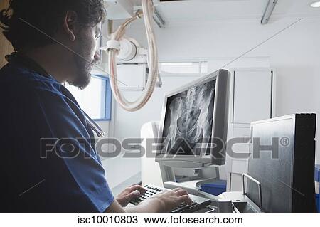 Stock Image - Young male radiographer looking at Xray of pelvis in radiology department. Fotosearch
