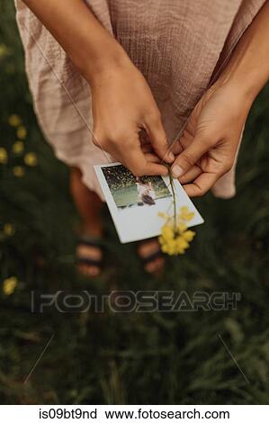 Young woman holding yellow wildflower and instant photo, waist down, Jalama, California, USA View Large Photo Image Stock Image - Young woman holding yellow wildflower and instant photo, waist down, Jalama, California, USA. Fotosearch
