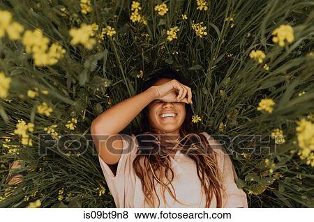Young woman lying in yellow wildflower field, overhead portrait, Jalama, California, USA View Large Photo Image Stock Photo - Young woman lying in yellow wildflower field, overhead portrait, Jalama, California, USA. Fotosearch