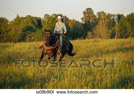 Stock Photograph - Young woman riding horse in field. Fotosearch